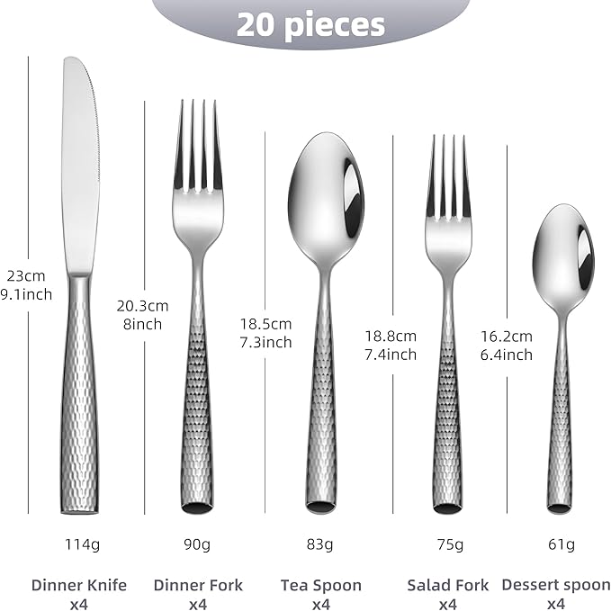 20-Piece Luxury Hammered Silverware, 18/10 High End Flatware for 4, Forged Silverware Set, Thick Handle Heavy Duty, Dishwasher Safe