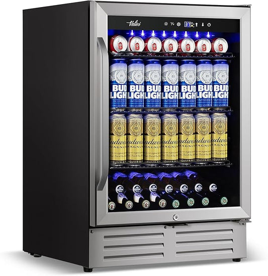 24 Inch Beverage Refrigerator, 210 Cans Under Counter Beverage Cooler, 24" Space Built-In Beer and Drink Fridge with Glass Door for Soda, Water, and Milk - For Kitchen, Bar or Office