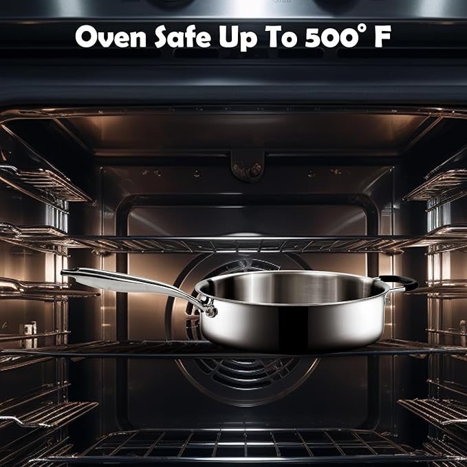 Tri-Ply Stainless Steel Saute Pan with Lid, 5 Quart Deep Sauté Pan with Stay Cool Handle,11.5 Inch Frying Pan,Dishwasher and Oven Safe,Induction Stainless Steel Cookware