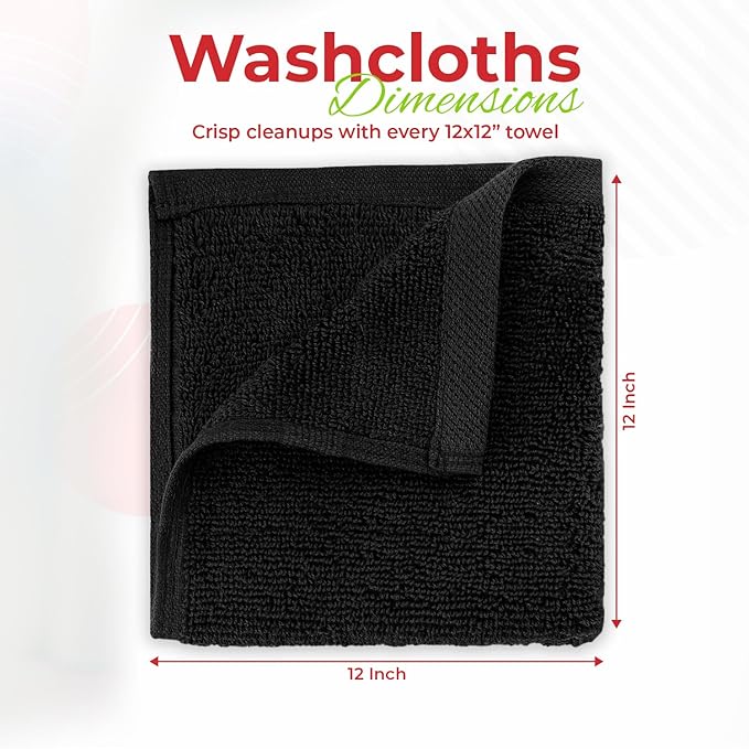 RIVERSIDE 12 Pack Washcloths - 12x12 Inches, 400 GSM, 100% Ring-Spun Cotton - Soft, Absorbent & Durable Face and Body Towels - for Bathroom, Spa, Gym, Makeup Removal & Everyday Use - Black