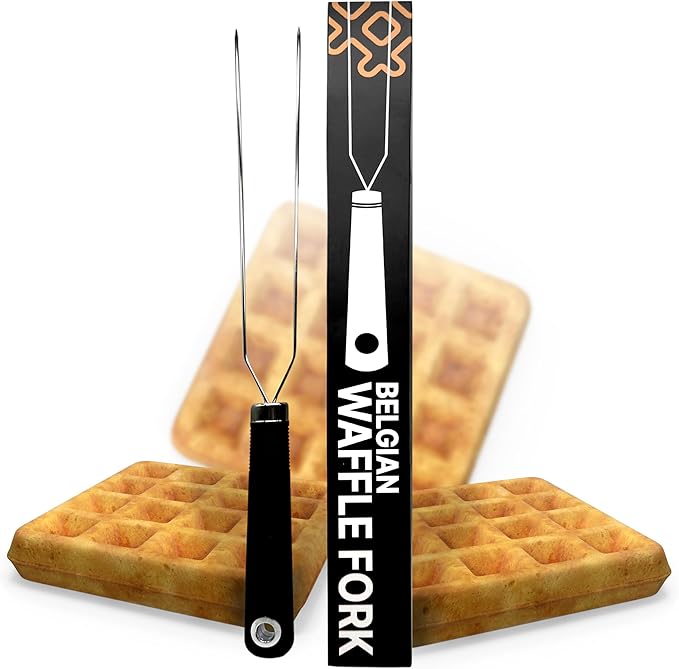 Waffle Fork for Belgian Waffles, Mulit-Use Stainless Steel Kitchen Tool with Silicone Handle, Beveled Prongs, Belgian Baking Accessory - One Size Black