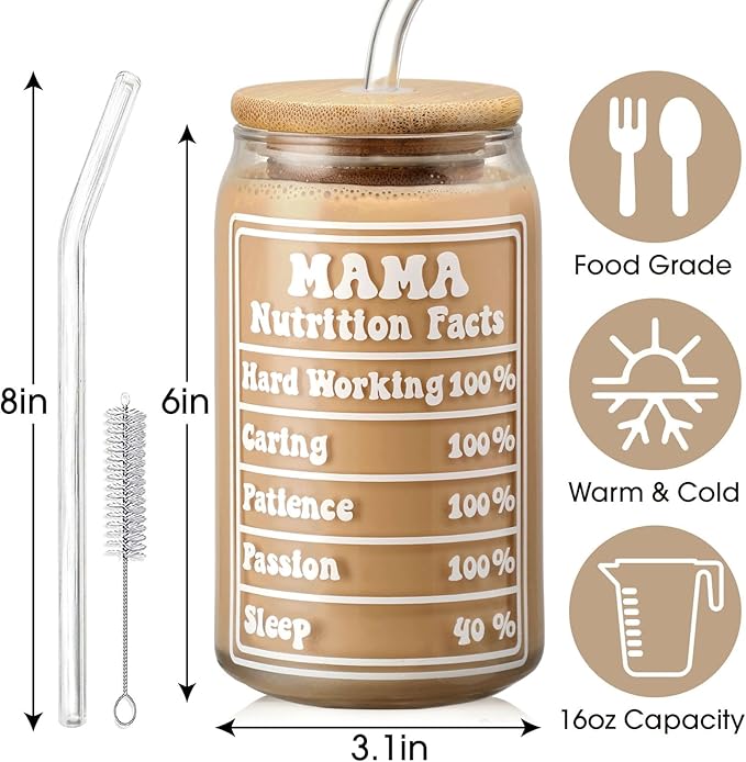 SUPREME LIGHTS ·2017· Mom Cup Gifts from Daughter Son, Mothers Day Christmas Gifts for Mama, Personalized Birthday Gift for Mother, Thank You Mom Gift for Women - 16 oz Mama Iced Coffee Glass Cup