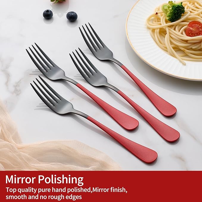 Black and Red Dinner Fork, 18/0 Red handle Stainless Steel Satin Finish 8.1-inch Silverware Flatware Fork Set, Set of 12, Dishwasher Safe