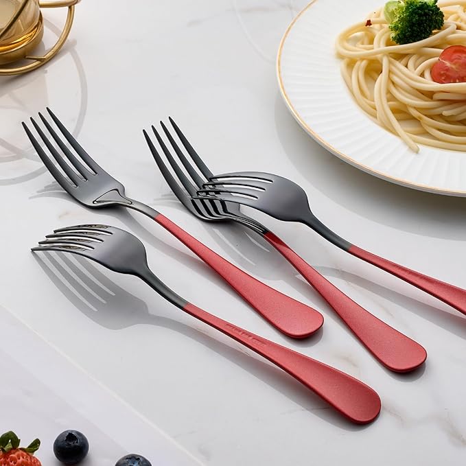 Black and Red Dinner Fork, 18/0 Red handle Stainless Steel Satin Finish 8.1-inch Silverware Flatware Fork Set, Set of 12, Dishwasher Safe