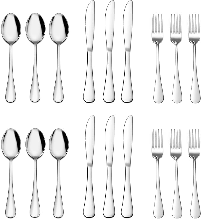 E-far Forks Spoons and Knives Set for 6, 18 Pieces Stainless Steel Silverware Set, Food Grade Flatware Cutlery Sets for Home Kitchen Restaurant, Mirror Finish, Dishwasher Safe