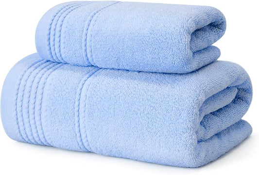 Thmyo Pack of 2 Premium Cotton Super Soft Bathroom Towels Set, 400 GSM Highly Absorbent Towel for Daily Use, Gym, Spa and Hotel, 1 Bath, 1 Hand, Blue
