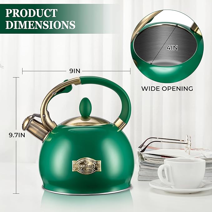 SUSTEAS Stove Top Whistling Tea Kettle - Food Grade Stainless Steel Teakettle Teapot with Cool Touch Ergonomic Handle, With 1 Silicone Pinch Mitt Included, 2.64 Quart (Green)