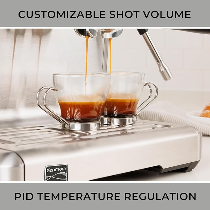 Kenmore Espresso Machine - Automatic Coffee Maker With Auto Tamper, Auto Cleaning, Milk Steamer & Frother, Bean Grinder, Make Professional Barista Style Cappuccino, Latte, Stainless Steel