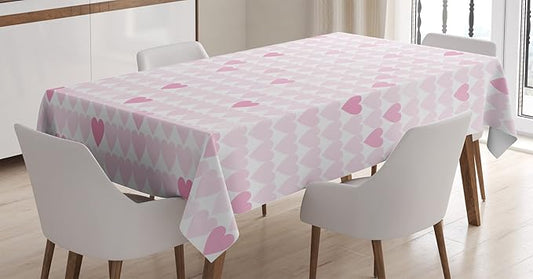 Ambesonne Love Tablecloth, Pattern of Hearts and Romantic Wedding Theme Celebration Valentines, Rectangular Table Cover for Dining Room Kitchen Decor, 52" X 70", Pink White