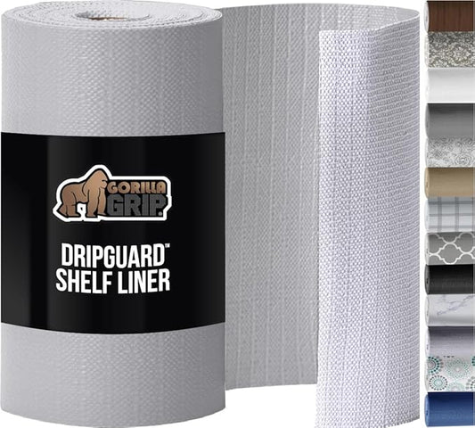 GORILLA GRIP DripGuard Shelf Liner, Non Adhesive Drawer and Kitchen Cabinet Protector, 24x240 Inch, Slip Resistant BPA Free Smooth Surface Plastic Liners for Cabinets, Bathrooms, Closets, Light Gray