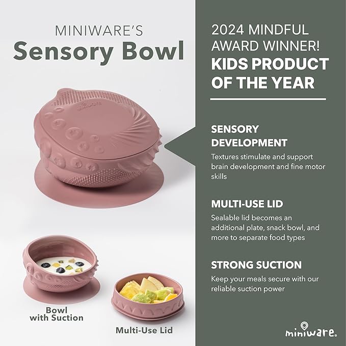 Miniware Sensory Starter Set with Sensory Baby Bowl, Baby Spoon, Roll & Lock Bib - Easy to Clean Baby Feeding Set to Promote Self-Feeding- Toddler Feeding Essentials - Raspberry