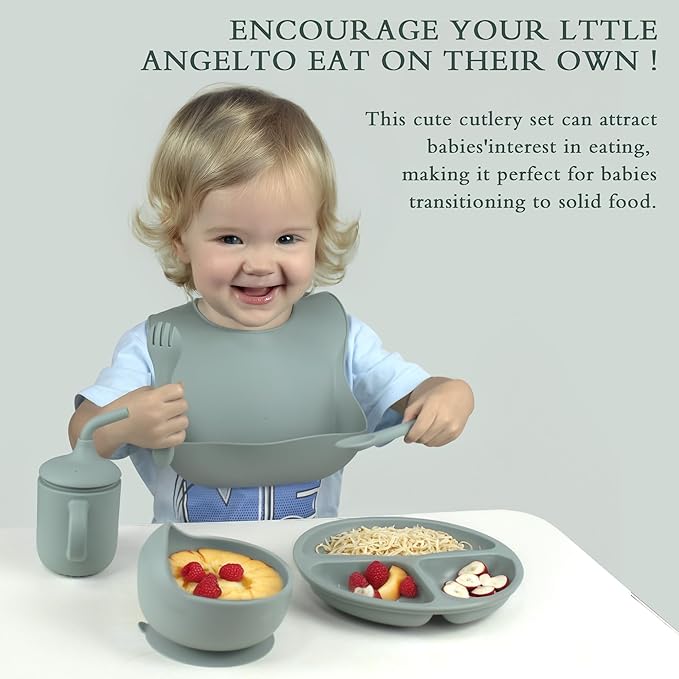 6-Piece Baby Feeding Set, Silicone Baby Mealtime Kit for Food-Grade Strong Suction Baby Plate+Baby Cup+ Bib+Fork+Spoon+Bowl, Toddler Eating Essentials Washable Parenting Gift Idea (Army green)