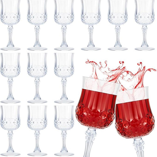 Pinkunn 12 Pcs 7 oz Plastic Vintage Wine Glasses Reusable Colored Goblets Patterned Drinking Water Glasses Cup Dishwasher Safe for Christmas Wedding Reception Party Supplies (Transparent)