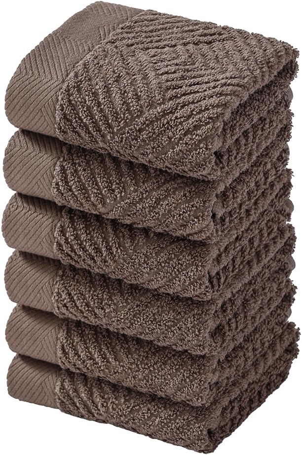 sense gnosis Chocolate Washcloth Set of 6 Premium 100% Cotton Herringbone Striped Weave Ultra Soft Highly Absorbent Washcloths Towel for Bathroom 13 X 13 Inch