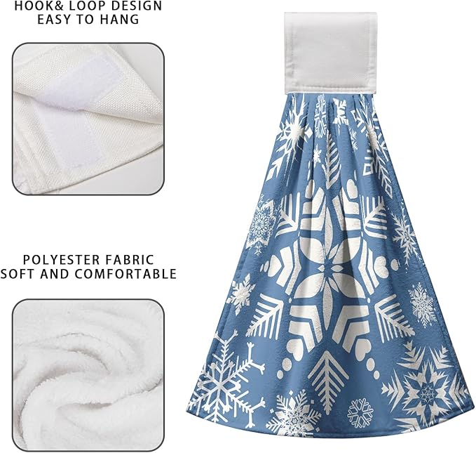 Snowflakes Winter Hanging Kitchen Towels Blue Snow Hand Tie Towel for Bathroom Holiday Decor Soft Absorbent Hanging Dish Towels for Home Accessories