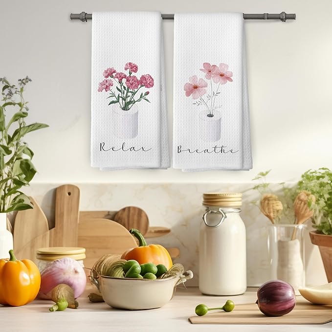 Pink Floral Bathroom Hand Towels, Cottagecore Botanical Roll Paper Hand Towel for Bathroom Decor, Relax Breath Pink Flower Decorative Towels for Washroom Toilet 16x24 Inch Set of 2