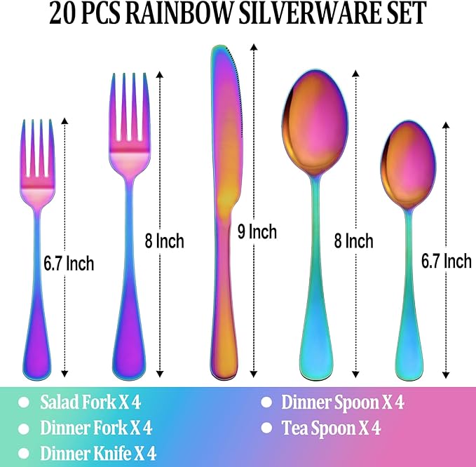 20 Pcs Rainbow Silverware Set Service for 4,Stainless Steel Flatware Serving Sets,Kitchen Tableware Set,Utensil Set for Home and Restaurant,Knives Forks Spoons Set,Mirror Polished,Dishwasher Safe