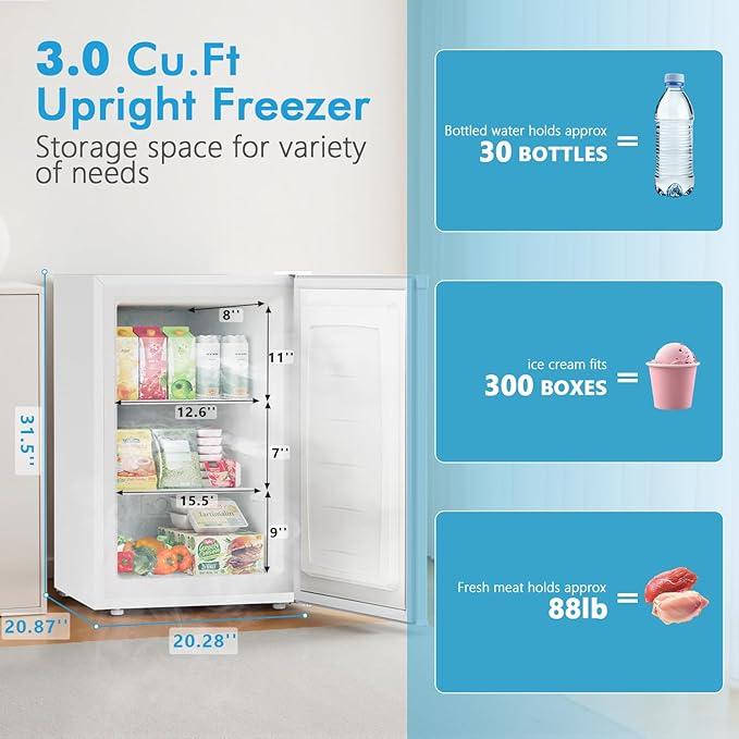 COWSAR 3.0 Cu.Ft Upright Freezer, Compact Freezer, Standing Deep Freezer with Adjustable Thermostat, Removable Shelves & Reversible Door,Fast Cooling for Office,Dorm,Commercial,White
