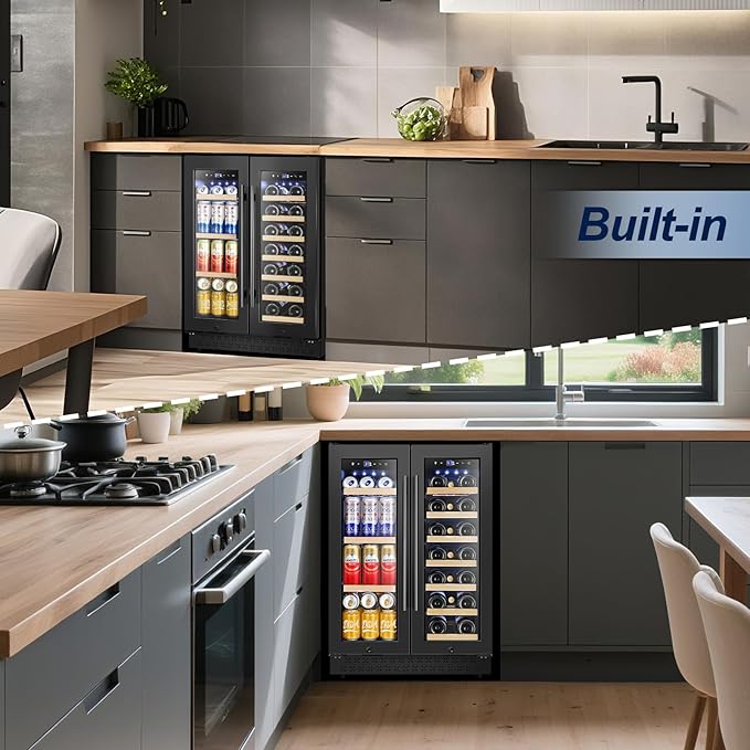 Wine and Beverage Refrigerator with Glass Door, 24-Inch Dual Zone Wine Fridge Under-Counter,4.6 Cu.Ft. 65 Cans and 20 Bottles Wine Cooler,Built-in or Freestanding Wine and Drink Fridge with Blue Light