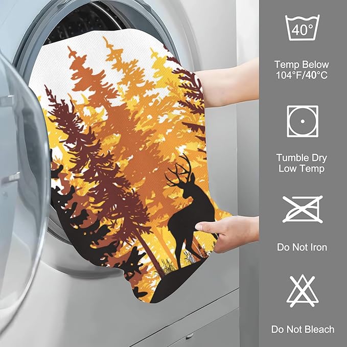Sunset in Coniferous Forest Hand Towel Set,Deer with Sunset Hand Towels for Bathroom 2 Pack Soft Absorbent Decorative Dish Towel for Kitchen Sports Gym Yoga Home Decor 14 x 28 in