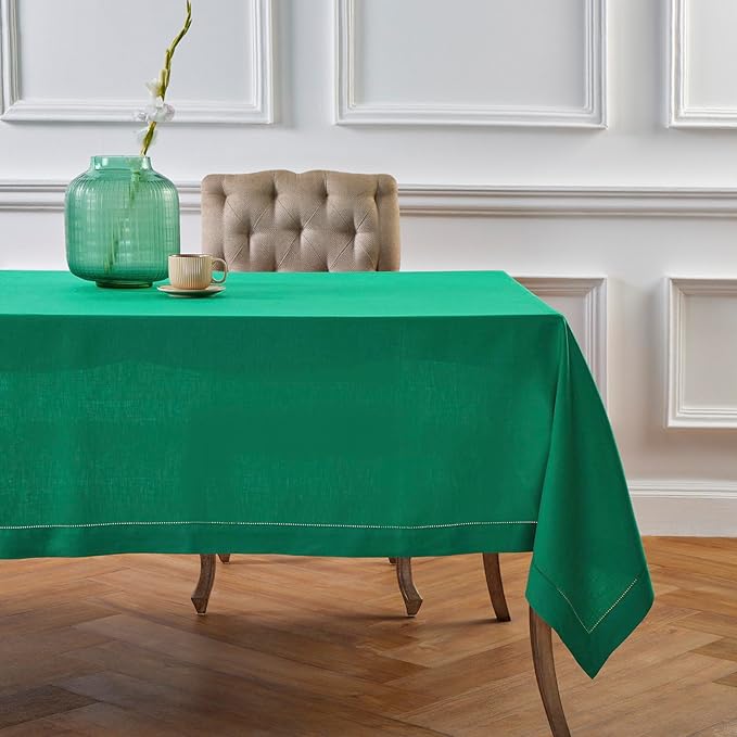 Solino Home Linen Tablecloth 60 x 90 Inch - Classic Hemstitch 100% Pure Linen Emerald Green Table Cloth for Rectangle Tables - Machine Washable Tablecloth for New Year