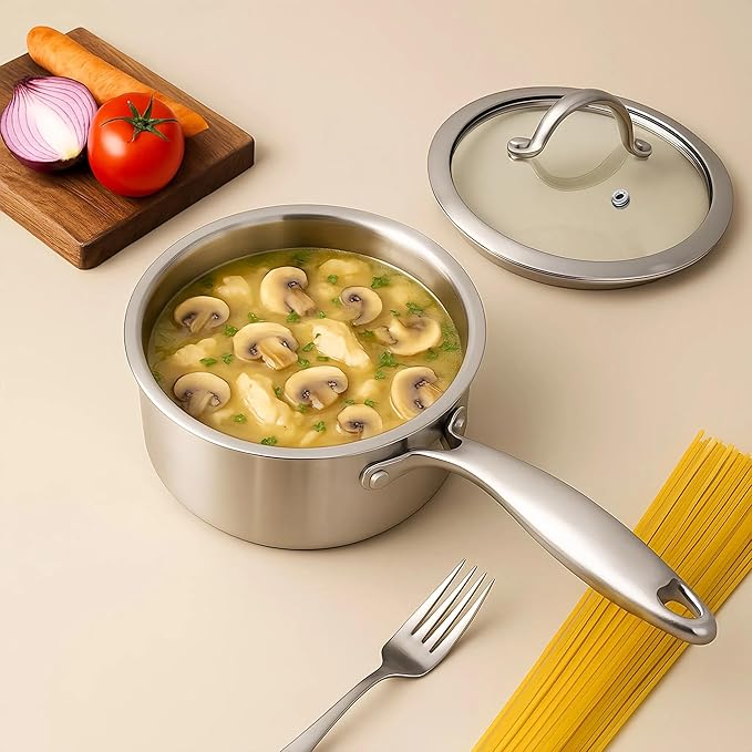 1.5 Quart Stainless Steel Saucepan with Steamer Basket, 18/10 Tri-ply Construction, Versatile Sauce Pan with glass Lid - Perfect for Cooking Gravies. Pasta, Vegetable and More