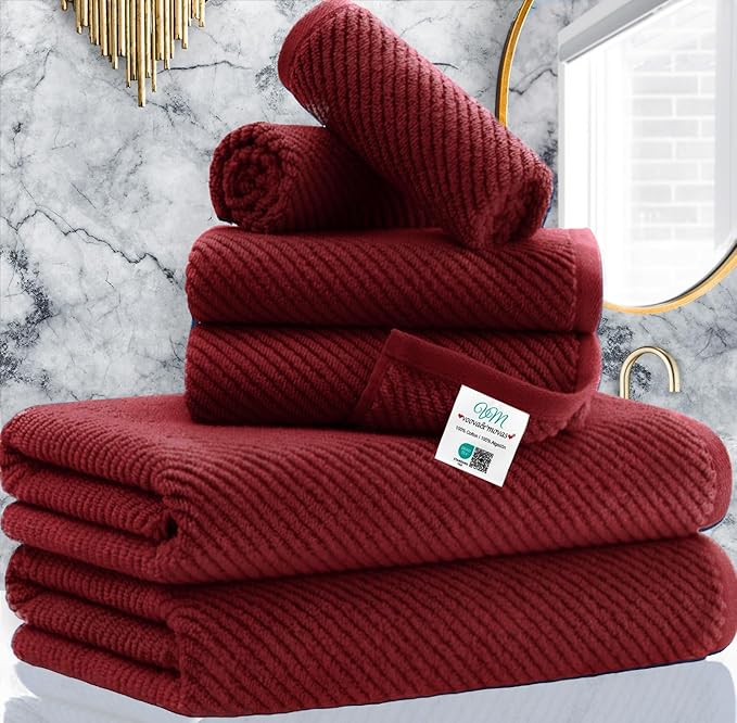 VOOVA & MOVAS Burgundy Towel Set - 100% Cotton | Lightweight | Soft | Quick Dry, 6 Piece Towel Set,2 Large Bath 30"x56", 2 Hand 18"x28", 2 Washcloths 13"x13", Towels Gift Set, Red Towels