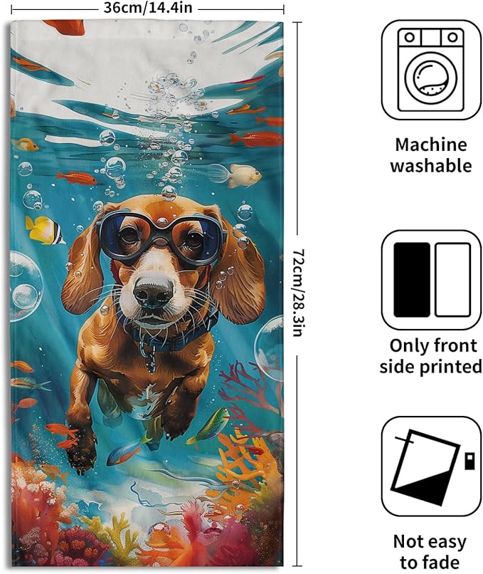 Imiss Funny Dog Hand Towels Set of 2 Sea Ocean Themed Small Bath Towel Guest Towels 14.4 x 28.3 Inch for Kitchen,Dish,Gym,Spa