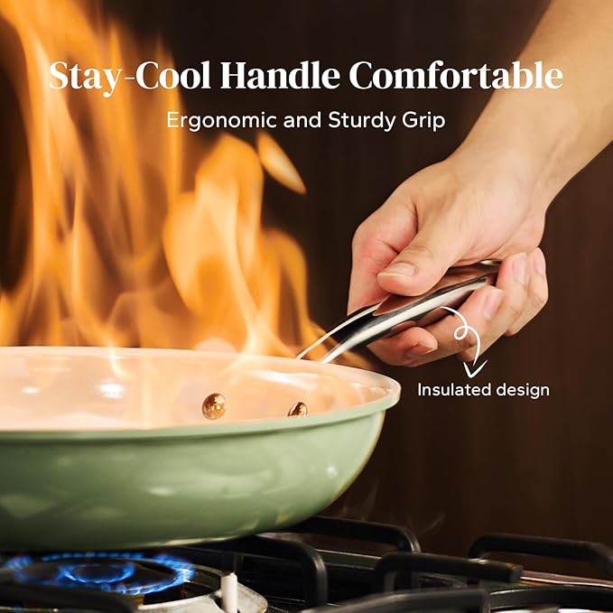 Redchef Non Stick Ceramic Frying Pan Set, Non Toxic Ceramic Pans for Cooking, 8" 9.5" 11" Skillet Set, No PFAS & PTFE & PFOA with Stainless Steel Handle, Dishwasher & Oven Safe Max up to 842°F (Green)