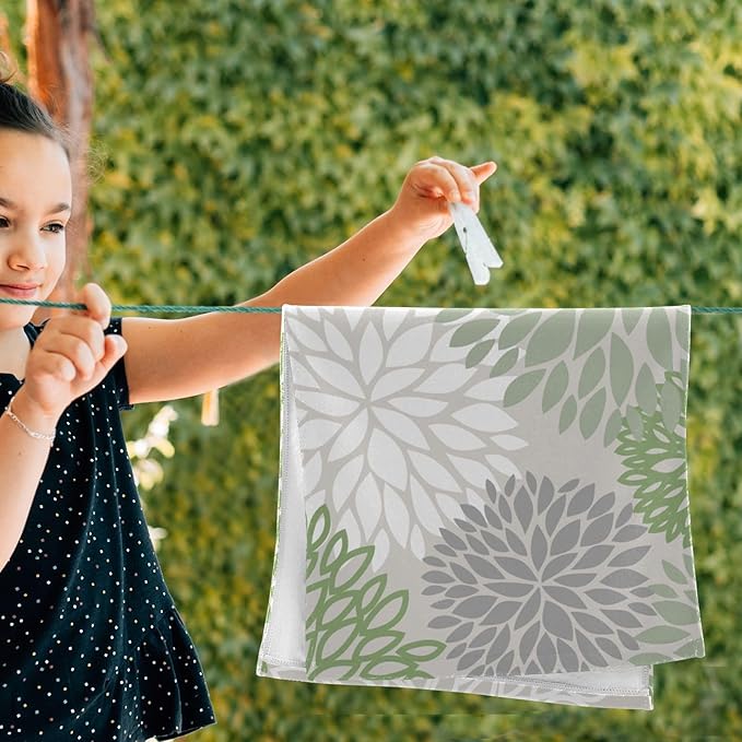 Sage Green Dahlia Hand Towels for Bathroom Set of 2,Absorbent Microfiber Abstract Floral Elegant Kitchen Towels 14"x28",Decorative Modern Flower Bathroom Towels for Bath,Guest,Face,Shower