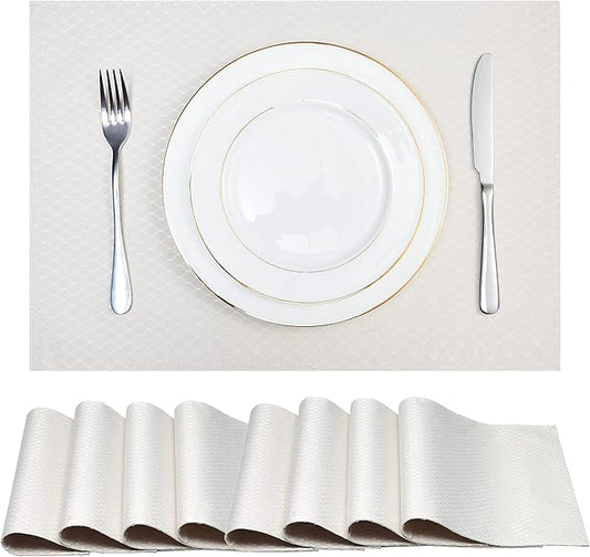 Place Mats Set of 8 – Rectangle Rectangular Waterproof Fabric Polyester Cloth Washable Wipeable Heat Resistant Placemats for Kitchen Dining Dinner Table Indoor 13 x 19 Inch Ivory