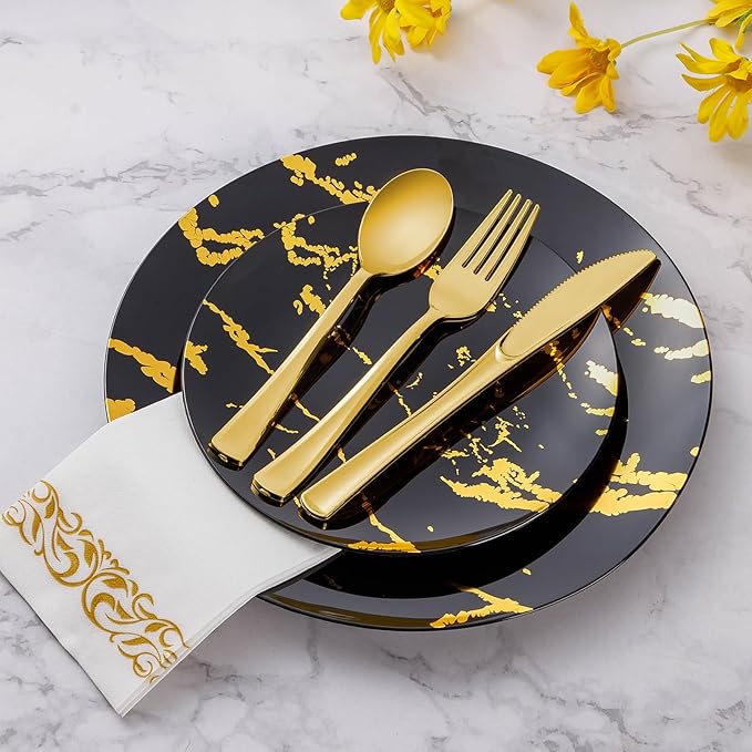 Goodluck 500PCS Gold Plastic Silverware, Gold Utensils Disposable, Plastic Cutlery Set of 200 Forks, 150 Spoons, 150 Knives for Wedding, Party, Birthday, Holidays
