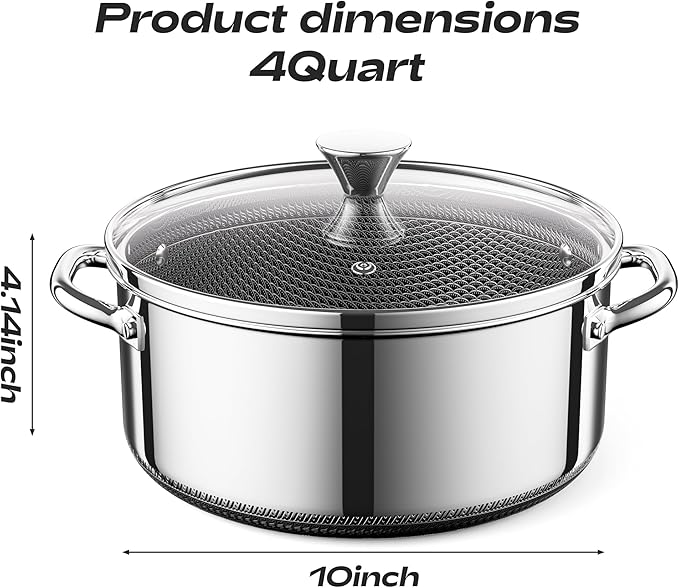 Hybrid Nonstick 4-Quart Stockpot,9.5 Inch Stainless Steel Stockpot with Glass Lid,PFAS PFOA PTFE Free, Dishwasher-Friendly,Oven-Safe Up to 600°F,Non-stick Soup Pot Compatible with All Cooktops