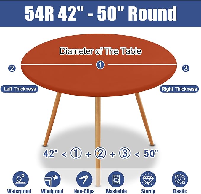 Round Spandex Thanksgiving Tablecloth, Elastic Fitted Waterproof Tablecloths for 42"-50" Tables, Stretch Washable Picnic Table Cover for Camping, Dining, Indoor and Outdoor, Rust