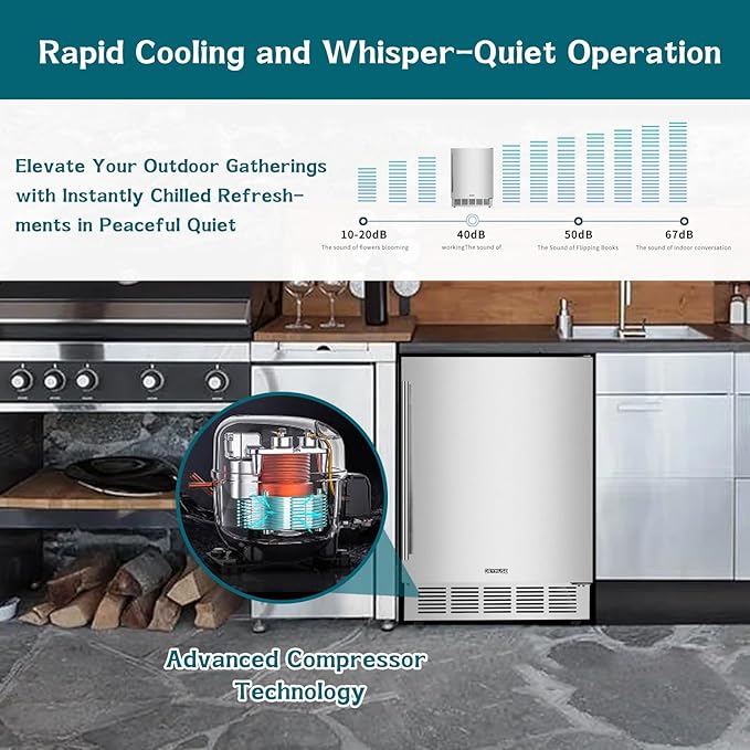 24" Outdoor Beverage Cooler Fridge - Undercounter Refrigerator, Stainless Steel Seamless Door - Holds 180 Cans, Powerful Cooling Compressor - Patio Kitchen, Commercial Use