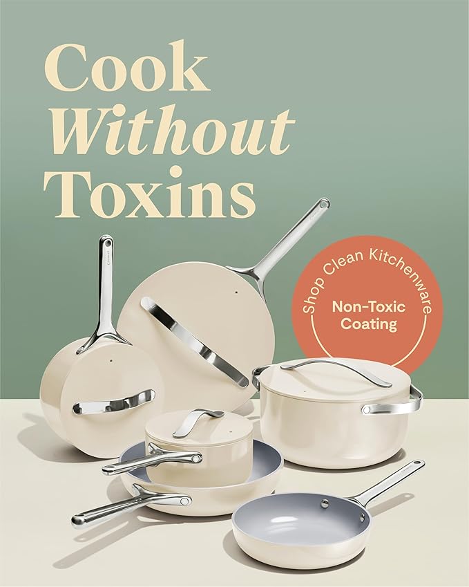 Caraway Deluxe Non-stick Ceramic Cookware Set (16 Piece) Pots, Frying Pans, Lids and Kitchen Storage - PFAS & PFOA Free - Oven Safe Pan Set & Compatible with All Stovetops - White