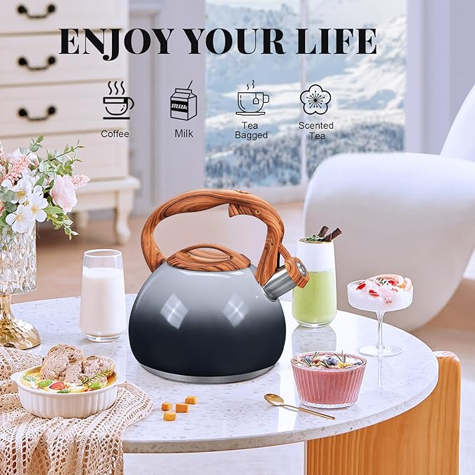 GGC Tea Kettle for Stove Top, 3.1QT/3L Whistling Tea Kettles for Boiling Water Coffee or Milk, Grey&Black Gradient kettle Pot with Wood Parttern Handle, Stainless Steel Pot for Home and Kitchen