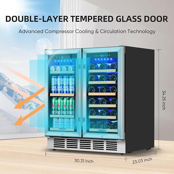 Wine and Beverage Refrigerator 30 Inch, Beverage Fridge Dual Zone with Upgraded Cooling, Wine Beverage Cooler Built-in or Freestanding, 30 Bottles and 110 Cans Large Capacity