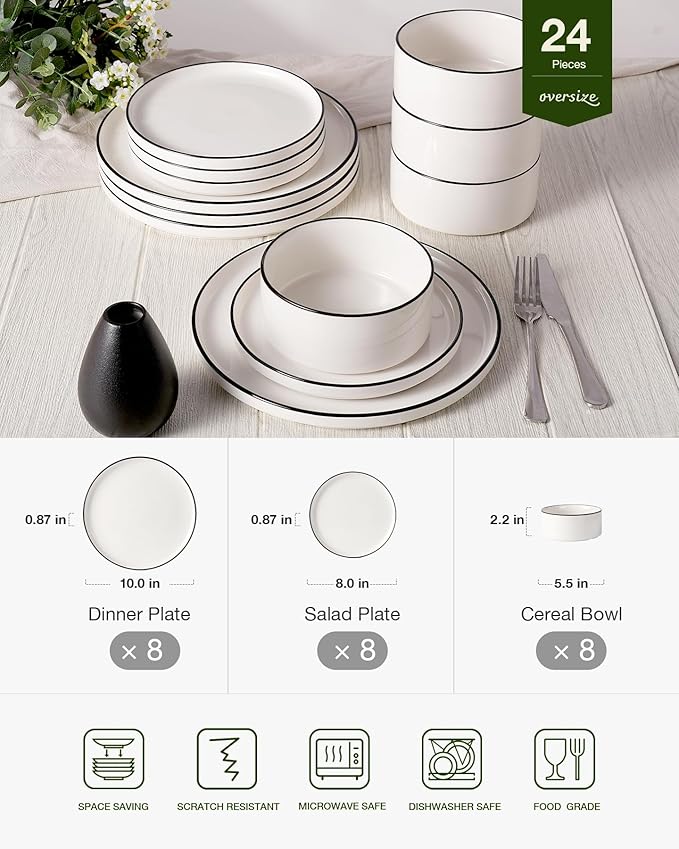 Famiware Porcelain Dinnerware Set, 24-Piece Modern Plate and Bowl Set, dish set for 8, Microwave and Dishwasher Safe Tableware, White with Black Trim