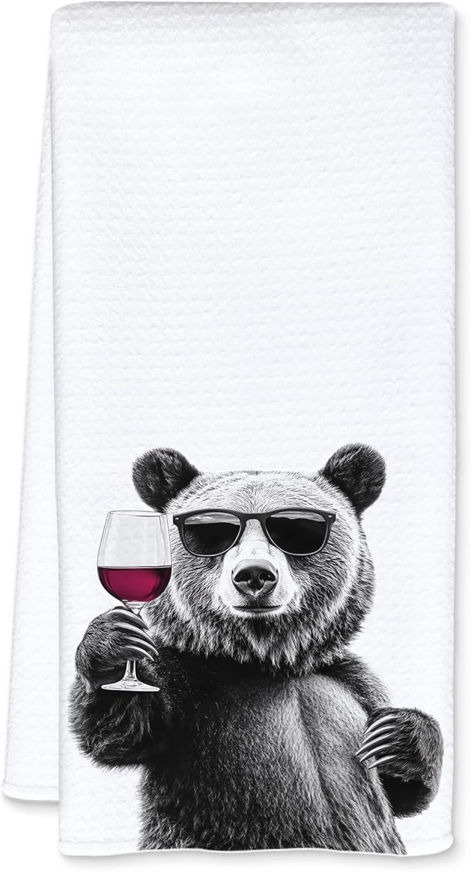 Funny Bear Wine Kitchen Towels, Black Bear Gifts Dish Tea Towels for Kitchen Decor, Bar Towel for Bartender Kitchen, Wine Lover Gift, 16x24 Inch