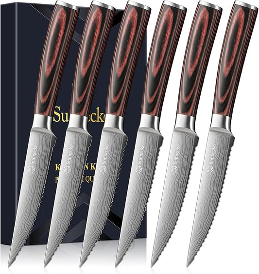 Sunnecko Steak Knives Set of 6,Premium Stainless Steel Serrated Steak Knife Set,Pakkawood Handle 4.5 Inch Kitchen Steak Knife with Gift Box