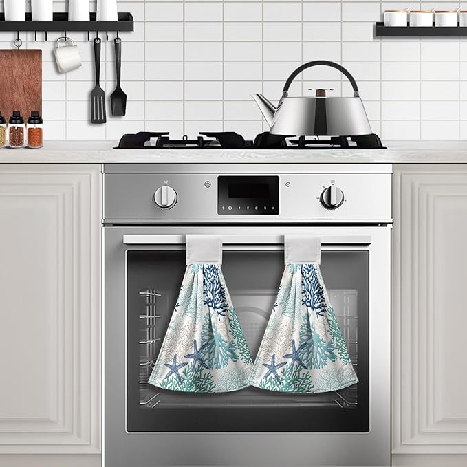 Summer Blue Coral Hanging Hand Towels Set of 2 Beach Ocean Kitchen Dish Towel Coastal Bathroom Towels Seashell Decorative Coral Tie Towels for Bathroom Kitchen Accessories 12x17 Inch