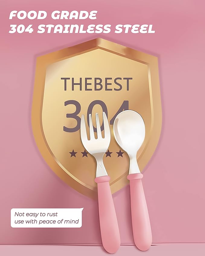 DF DUALFERV 10 pcs Toddler Utensils, Stainless Steel Toddler Silverware Set with Round Handle, Baby Forks for Self Feeding, 5 Forks and 5 Spoons