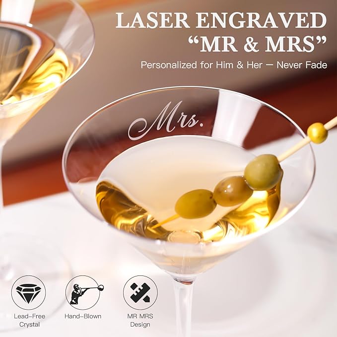 Mr and Mrs Coupe Glasses Set – Martini Glasses for Couples with Gift Box, Christmas Gifts for Couples, Wedding & Engagement Gifts, Bridal Shower Gift for Bride
