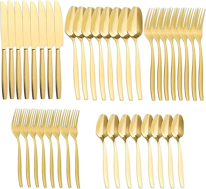 Gold 40-Piece Silverware Set,Stainless Steel Flatware Utensils Cutlery Set for 8,Including Steak Knife Fork and Spoon,Dishwasher Safe,Modern Tableware for Home & Dining