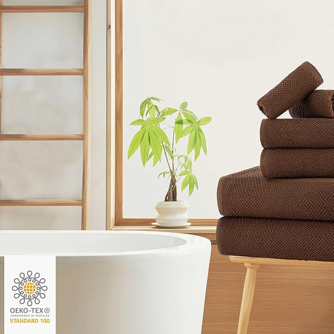 CASA COPENHAGEN Popcorn Textured 6 Pieces Towel Set- Toffee, 550 GSM 2 Bath Towel 2 Hand Towel 2 Washcloth, Rough & Tough Use Cotton Towels Gift Set for Bathroom