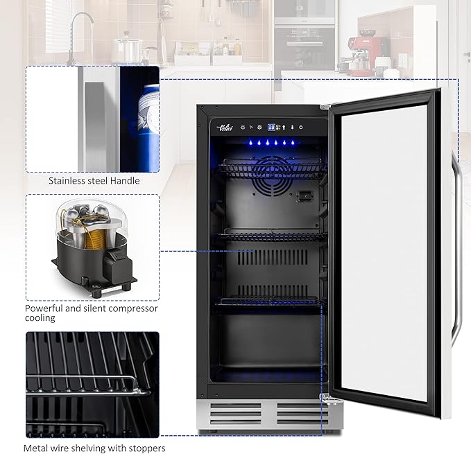 15 Inch Beverage Refrigerator - 125Cans Capacity Drink Cooler Under Counter Mini Fridge with Glass Door, Safety Lock Built-in or Freestanding Refrigerator for Soda, Beer, Wine