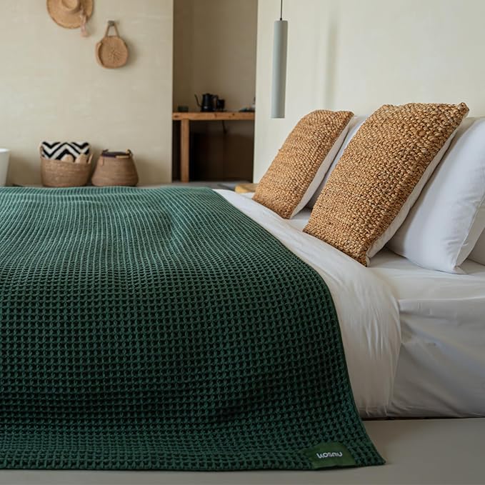 Luxury Organic Japanese Cotton Waffle Towelket Throw Blanket Bedspread for All Sleepers | Soft, Breathable and Thermoregulating (Forest Green, 67''x91'')