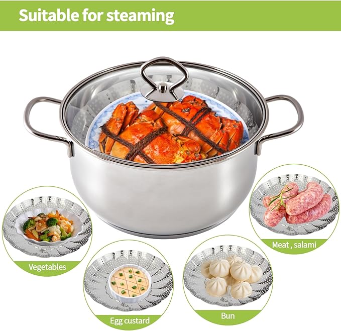 6-10.3" Expandable Steamer Basket for Cooking - 3rd Gen Stainless Steel Folding Steamer (Fits All 6"+ Pots), Fish Vegetables Pasta Eggs