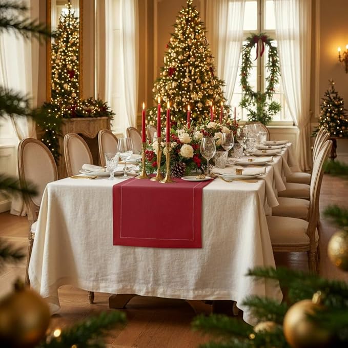 D'Moksha Homes Linen Red Table Runner 84 Inches Long - 100% Pure Linen Table Runner 14 x 84 Inch for Winter, Holiday, New Year - Classic Hemstitch